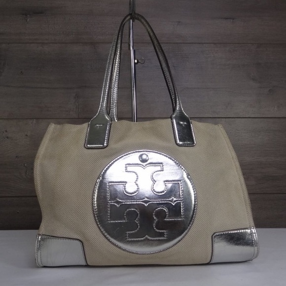 Tory Burch Handbags - Tory Burch Small Ella Natural Canvas Silver Leather Trim Tote Bag Purse